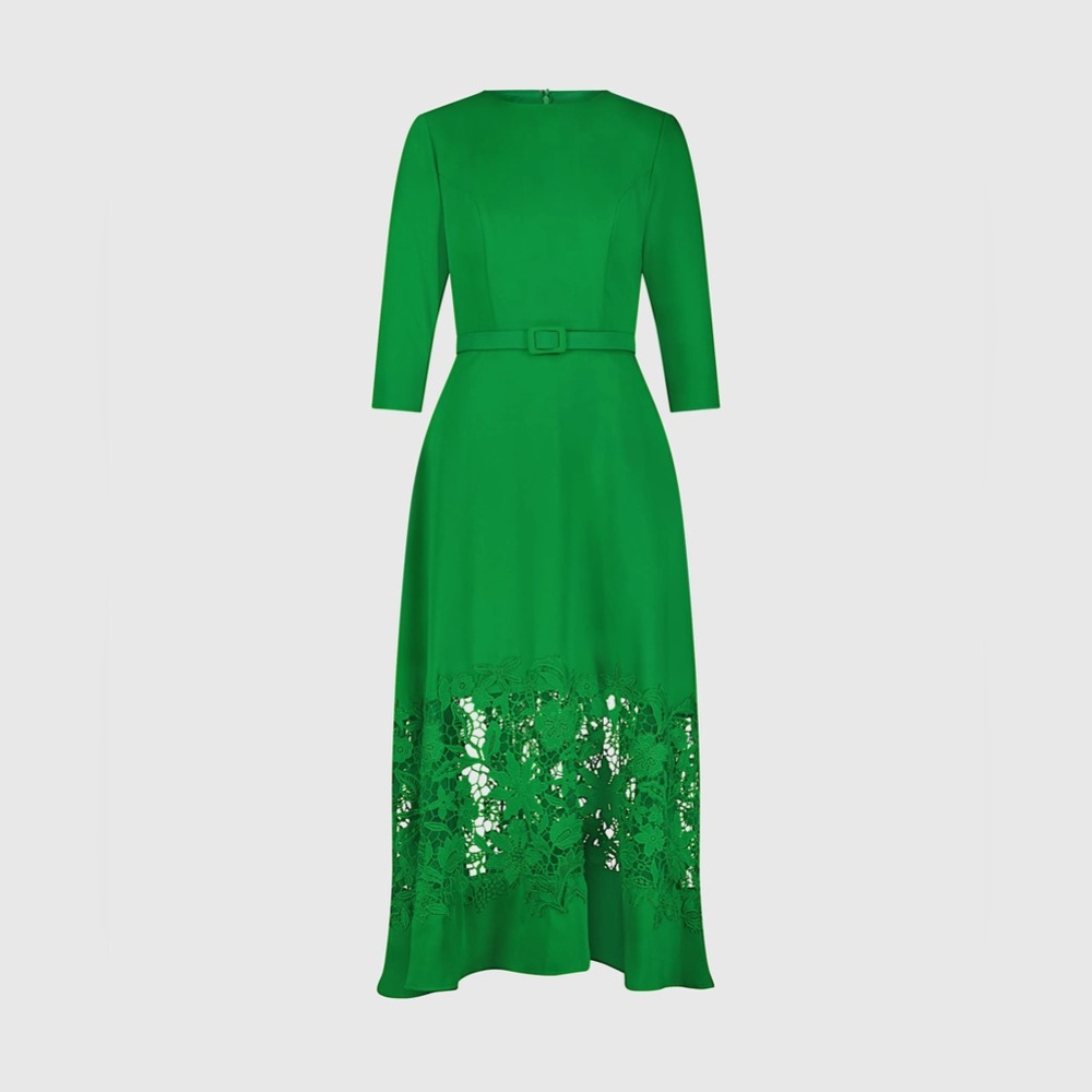 Mac Duggal 21001 Green Crepe Boat Neck Midi Dress With Applique Cut Out Size L - Picture 2 of 9